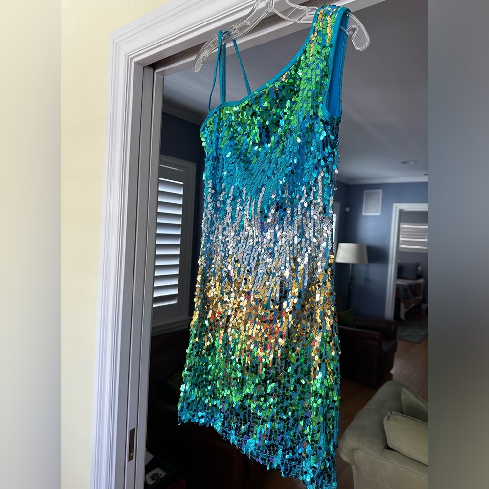 Blue green and gold Sequin Costume Dress